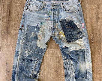 W38 L29.5 — 501 Jeans Men — Wonderful Patchwork, Hand-paints, Contrasting Fades, Indigo, Denim Rework