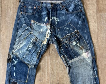 W38 L28 — Jeans Men 501 — Contrasting Fades, Patchwork, Custom Stitching Work, Dark Indigo, Denim Rework