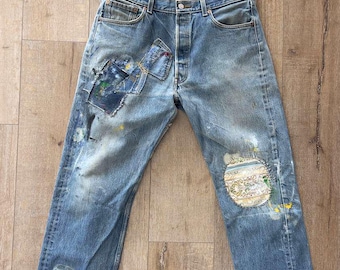 W34 L30 - 2008 501xx Medium Dark Indigo Denim Personal Jeans - Great Fades, Rework, Distressed, Multi-Patchworks