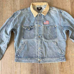 Chest 50 — Vintage Ralph Lauren Jacket  “RRL” by Polo —  12-Wales Corduroy Collar, Very Nice Fades, Distressed, Light Indigo, Denim, Trucker