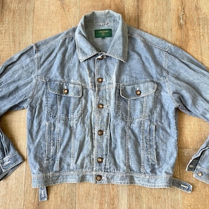 Chest 51 — Vintage Valentino Jacket Men — Indigo Dyed Linen / Ramie Plain Woven Fabric, Trucker, High Quality Workmanship
