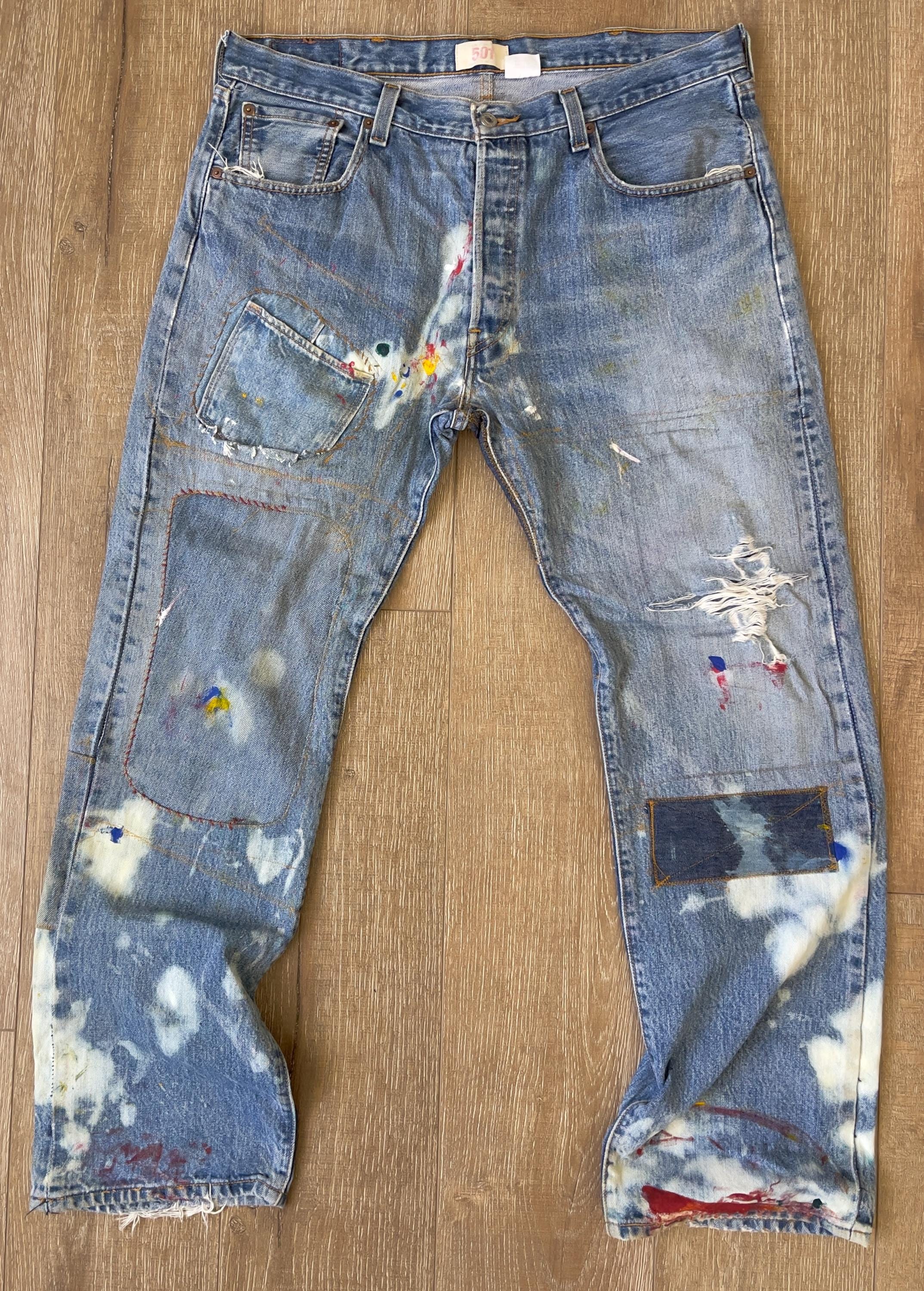 W38 L30.5 — 501 Jeans Men — Heavy Weight Denim, Fades, Distressed, Indigo, Denim Rework, Patchwork with Hand-paints