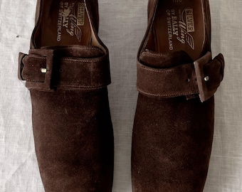 Maat 11A (heren) — vintage Bally-loafers — zilverkleurig, bruin, fijn suède