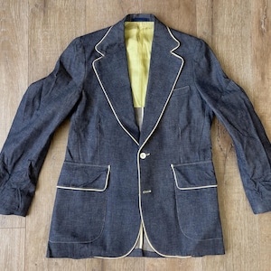 Brust 41.5 — Harris & Frank Denim Blazer — 70s-80s, Nicht gewaschener Denim, sehr schönes Papier, Vintage, dunkles Indigo