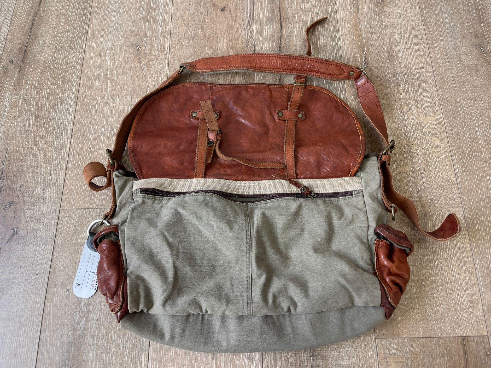 Tough Jeansmith Brown Leather / Canvas Bag — Messenger, Military