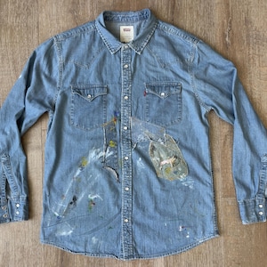 Chest 45 — Shirt Men&#39;s — Cowboy Style, Light Indigo, Basket-woven Fabric, Fades, Nice Pocket Flaps, Neat Patchwork, Hand Paints