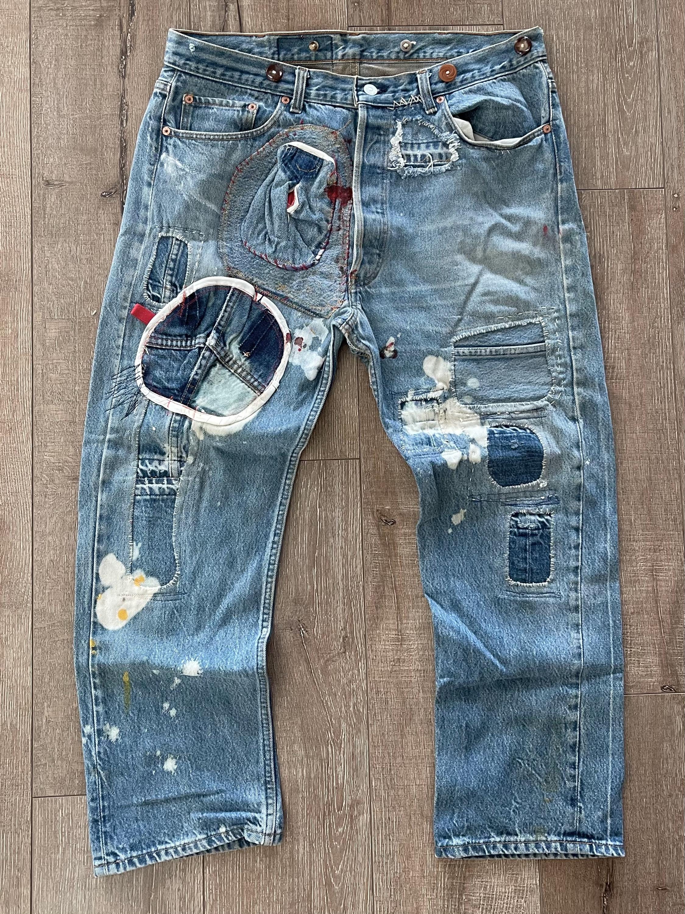 W38.5 L26 - Vintage 501 Jeans Men - 1993, #653 Rivets, Medium Indigo, Denim Rework, Fades, Ragged / Distressed, Twisted Legs