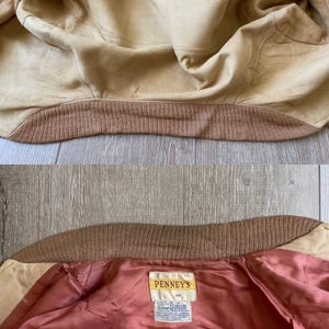 May include: Tan leather jacket with a brown knit collar and cuffs. The interior lining is a reddish-brown color. The jacket has a label that reads "PENNEY'S" and "DuPont Quilon".