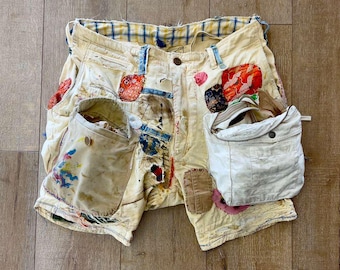 W36 - Używane szorty studyjne - Żółto-beżowe, z cienkiej bawełny twill