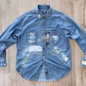 Pecho 48 - Camisa personal de sarga fina elegante de color índigo oscuro medio, usada