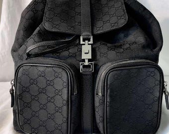 Vintage Gucci GG Monogram "JACKIE" Daypack Backpack — Early 2000s, Canvas, Leather Trim, Black 114552 / 1669
