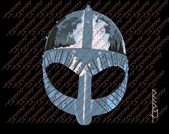 May include: A stylized illustration of a Viking helmet in shades of blue and silver, with rivets and a face guard. The background is black with a repeating pattern of red runic symbols, creating a historical or fantasy theme.
