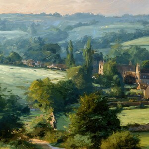 Puede incluir: Una pintura al &oacute;leo que representa un paisaje rural con colinas verdes, &aacute;rboles y un pueblo. La obra de arte utiliza una paleta suave de verdes, azules y amarillos, con &eacute;nfasis en la luz natural y la sombra. El estilo recuerda al impresionismo.