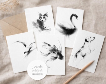 Ink Sketch Animal Greeting Cards | Minimalist Black & White, Set of 5