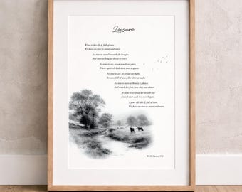 Leisure Print – W. H. Davies Poem Wall Art – Minimalist Black & White Literary Poster – A3 Printable Digital Download