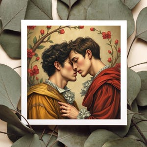 Biglietto d'auguri LGBTQ+ ispirato al Rinascimento romantico - Due uomini innamorati