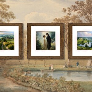 Puede incluir: Tres pinturas de paisajes enmarcadas con marcos de madera marr&oacute;n. Las pinturas representan escenas serenas al aire libre, incluyendo un camino, una pareja y una vista al lago. El fondo presenta un mural en tonos sepia.