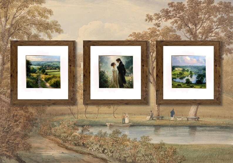 Puede incluir: Tres pinturas de paisajes enmarcadas con marcos de madera marr&oacute;n. Las pinturas representan escenas serenas al aire libre, incluyendo un camino, una pareja y una vista al lago. El fondo presenta un mural en tonos sepia.