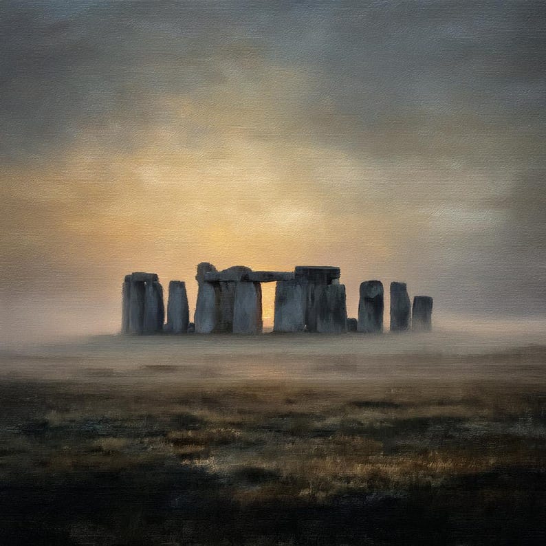 May include: An oil painting depicts Stonehenge at dawn. The ancient stone structure is silhouetted against a golden sky, with a hazy mist in the foreground. The artwork evokes a sense of mystery and history, with muted tones of gray, brown, and gold.