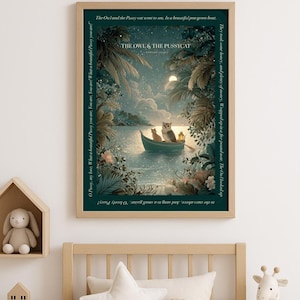 May include: A framed art print of "The Owl and the Pussycat" illustration. The image shows an owl and a cat in a pea-green boat on a lake, under a full moon. The artwork is surrounded by text from the poem and lush foliage.