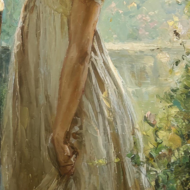 Puede incluir: Pintura al &oacute;leo de una persona con un vestido largo y fluido de color crema. La pintura tiene un estilo suave e impresionista con pinceladas visibles. El fondo presenta un paisaje borroso con agua y vegetaci&oacute;n.