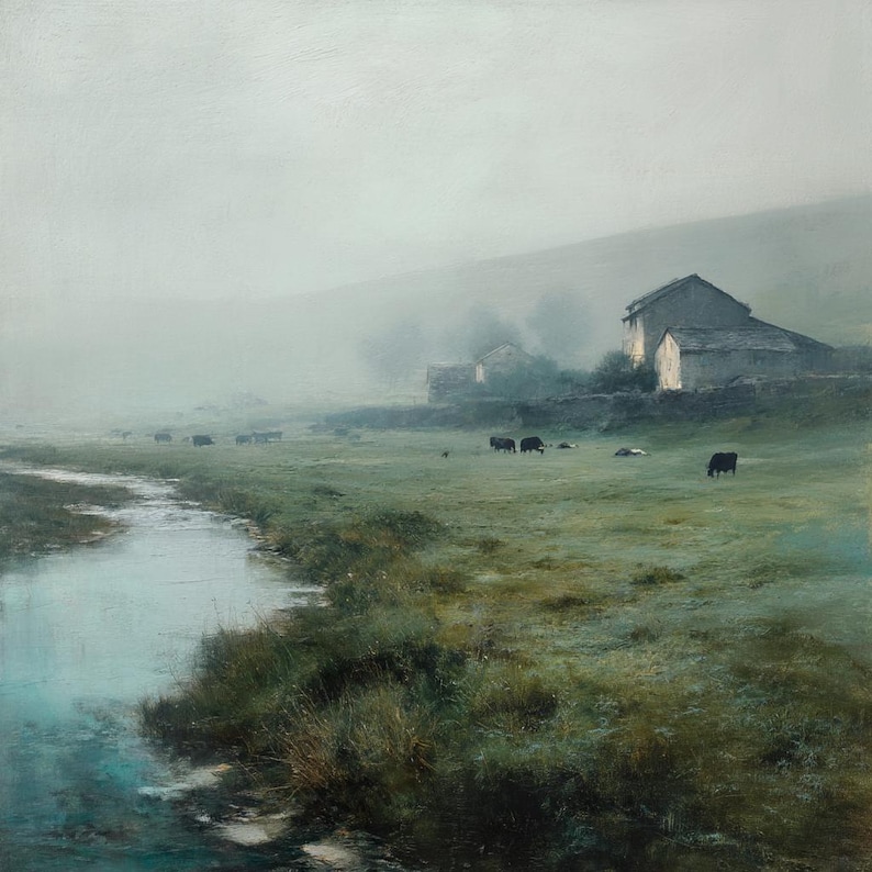 May include: An oil painting depicts a misty rural landscape. A stream flows through a green field where several dark cows graze. Buildings are visible in the distance, and the sky is overcast with a soft, diffused light.