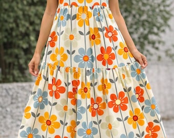 Mid-Century Floral Fabric | Retro Daisy Print, Cotton & Poplin