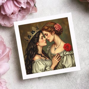 Tarjeta de felicitación romántica LGBTQ+ de inspiración renacentista: Dos mujeres enamoradas