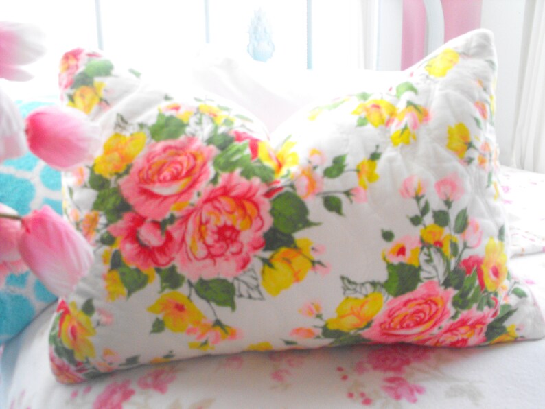 Gorgeous Cottage Roses Vintage Quilted Pillow Sham Pink Yellow Etsy