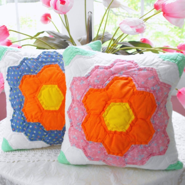 GORGEOUS SET Of Grandmothers Flower Garden Quilted Pillows