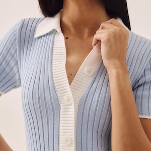 Modest Light Blue Dress, Long Sweater Ribbed Dress – Fitted Knit Polo Dress with Button Front, Cotton Short Sleeve Dress in Two Lengths