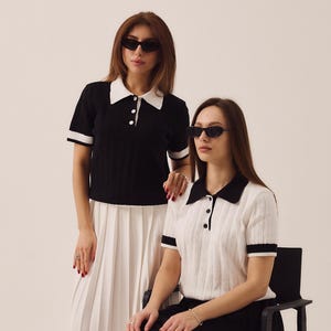 Custom Knit Ribbed Polo Top – Women’s Button Up Cotton Blend Sweater, Lightweight Short Sleeve Preppy Outfit for Spring & Summer
