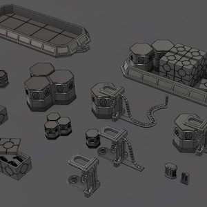 Könnte beinhalten: Ein Set aus 3D-gedruckten Miniaturmodellen für ein Tabletop-Spiel oder ein Diorama. Das Set enthält eine Vielzahl von Strukturen, darunter ein Frachtschiff, einen Kran und mehrere Lagercontainer. Die Modelle sind aus grauem Kunststoff gefertigt und haben ein detailliertes Design.