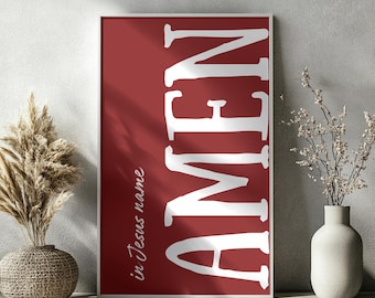 AMEN Red Jesus Typography Poster | Digital Jesus Poster | Retro Christian Wall Art | Religeous Wall Decor | Red Amen Christian Wall Art