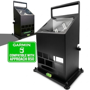 Funda protectora metálica para Garmin R50: asa de transporte, cristal magnético extraíble, nivel integrado y altura ajustable.