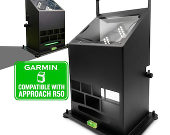 Funda protectora metálica para Garmin R50: asa de transporte, cristal magnético extraíble, nivel integrado y altura ajustable.