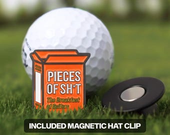 Marcador de bolas de golf "Pieces of Shit" con clip magnético para gorra de 1.5" - Accesorio de golf Happy Gilmore, regalo de golf navideño, detalle para el marido golfista