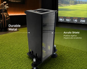 Custodia protettiva quadrata per monitor di lancio da golf, custodia in metallo con gambe regolabili, supporto per telecomando, prese d'aria, livella e foro per la batteria.
