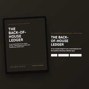 May include: A digital planner titled The Back-of-House Ledger for independent restaurants, cafes, and bars. The dark interface displays a one-month budget and cost-control planner with 19 pages, hyperlinked PDF functionality, and an instant download feature.