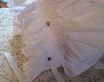 White Smocked Bonnet with Violets