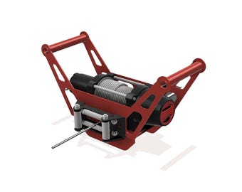 Op de afbeelding: Een rood-zwarte elektrische lier met een centrale trommel met opgewonden zilverkleurige kabel, een voorste kabelgeleider met twee verticale rollen en een stevig rood metalen montageframe met schuine steunarmen aan de motorbehuizing.