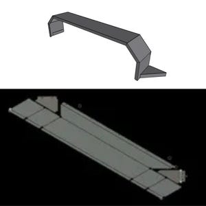May include: A gray metal fender with a curved top and angled side panels. The top image shows the fender from a side profile, while the bottom image displays a flat, unfolded view of the same gray metal component with visible joints and edges.