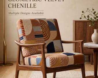 Geometric Velvet Chenille Upholstery Fabric, Water Repellent Furniture Fabric, Mid Century Modern Fabric, 140cm / 55" Wide