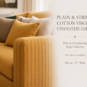 Plain & Stripes Cotton Viscose Upholstery Fabric | 140cm–55” Width | Natural Woven Fabric for Sofa, Cushions Decor | Sold by the Meter