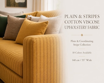Plain & Stripes Cotton Viscose Upholstery Fabric | 140cm–55” Width | Natural Woven Fabric for Sofa, Cushions Decor | Sold by the Meter