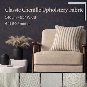 May include: A beige armchair with wooden arms and a striped pillow. The image displays samples of chenille upholstery fabric, including striped, diamond, and floral patterns. The text reads "Classic Chenille Upholstery Fabric, 55" Width".