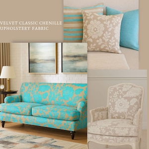 Velvet Cyan Blue-Beige Classic Chenille Upholstery Fabric | 280 cm - 110 inches width upholstery fabric