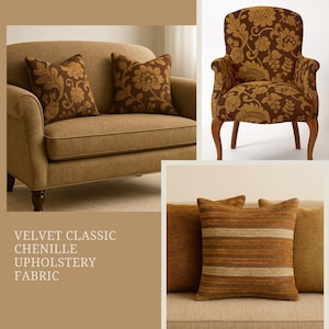 Velvet Ariadne Camel Brown Classic Chenille Upholstery Fabric | 280 cm - 110 inches width upholstery fabric