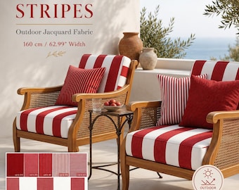 Outdoor Striped Upholstery Fabric | Red  White Jacquard Fabric | Patio Furniture & Outdoor Cushions | 160cm / 62.99" Width