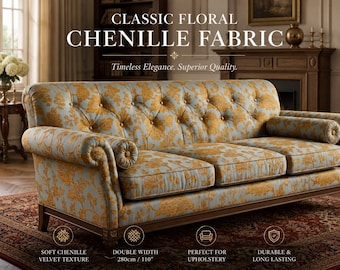 May include: A tufted sofa upholstered in light blue and gold floral chenille fabric. The text reads: CLASSIC FLORAL CHENILLE FABRIC, Timeless Elegance. Superior Quality. SOFT CHENILLE VELVET TEXTURE, DOUBLE WIDTH 280cm / 110", PERFECT FOR UPHOLSTERY, DURABLE & LONG LASTING.